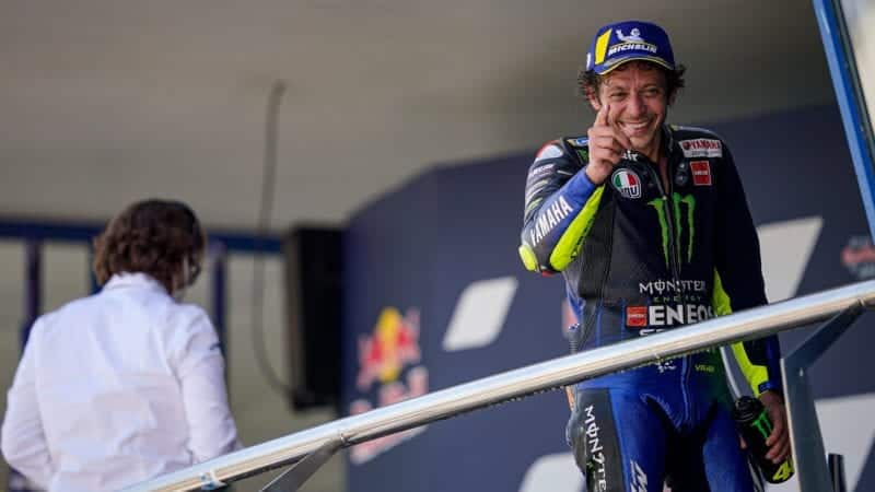 Valentino Rossi on the podium after the 2020 MotoGP Andalucia Grand Prix