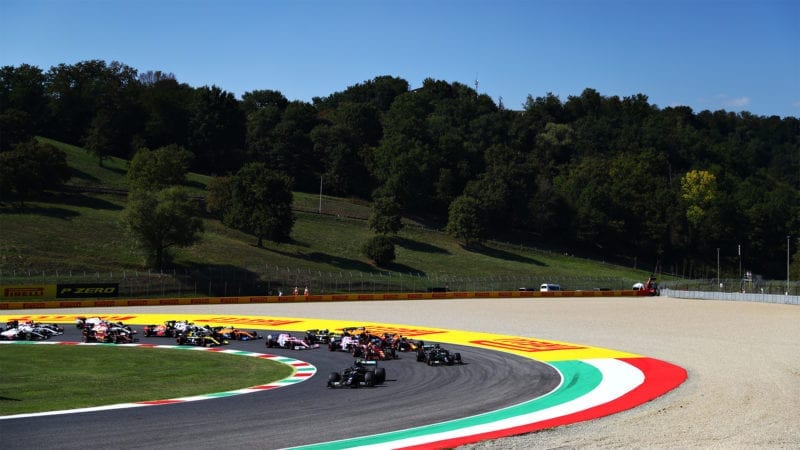 Valtteri Bottas leads during the first lap of the 2020 F1 Tuscan Grand Prix at Mugello