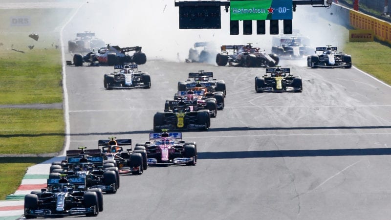 Valtteri Bottas leads the 2020 F1 Tuscan Grand Prix at Mugello at the safety car restart as Kevin Magnussen, Antonio Giovinazzi and Carlos Sainz crash behind him