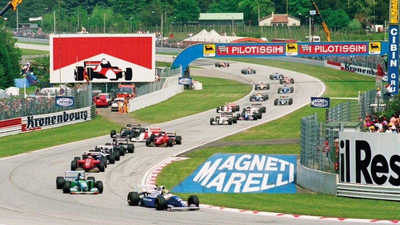 Ayrton Senna leads the 1994 F1 San Marino Grand Prix at Imola in his Williams