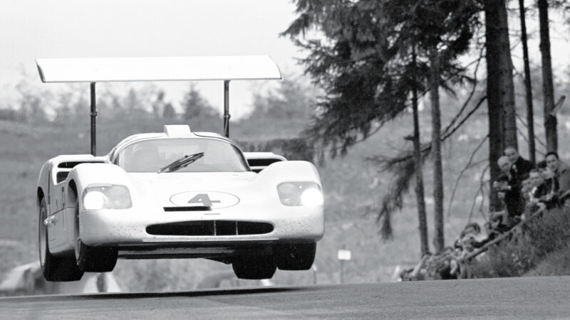 Chaparral 2F flies over a hill during the 1967 Nurburgring 1000Kms
