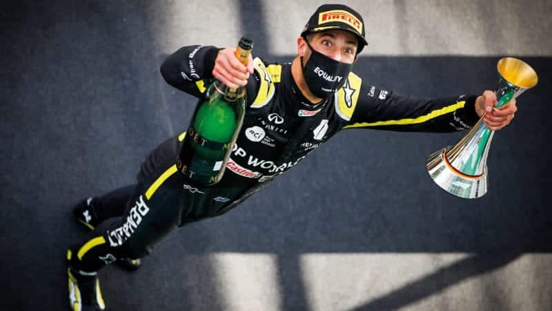 Daniel Ricciardo on the podium after the 2020 F1 Eifel Grand Prix at the Nurburgring