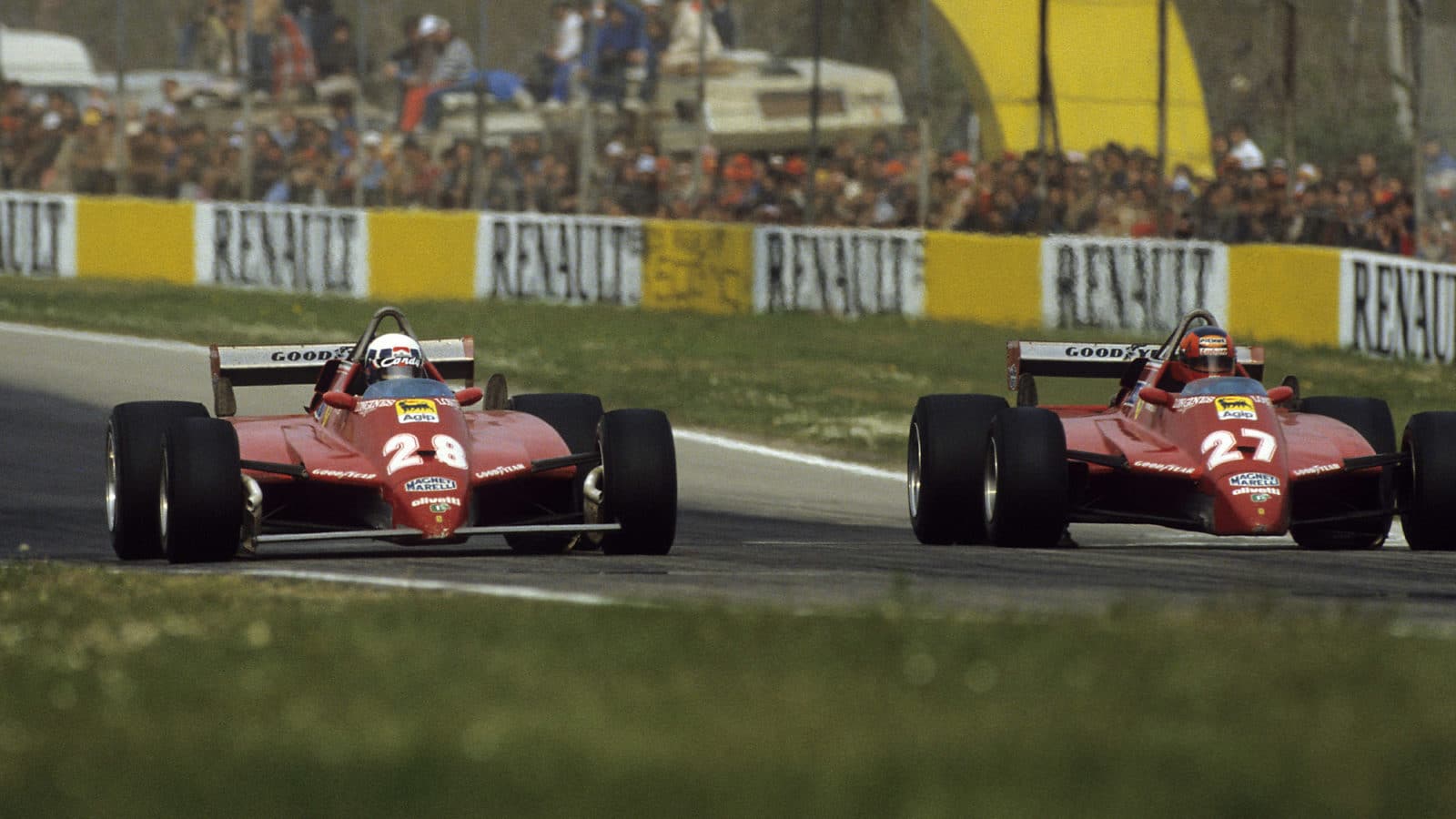 Didier Pironi and Gilles Villeneuve's Ferraris side by side at Imola in the 1982 San Marino Grand Prix