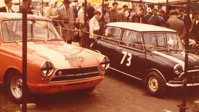Ford Cortina and Mini in the Brands Hatch paddock during the 1964 British Grand Prix meeting