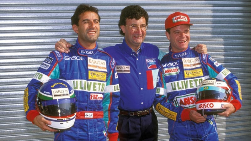 Ivan Capelli and Rubens BArrichello with Eddie Jordan before the 1993 South African Grand Prix