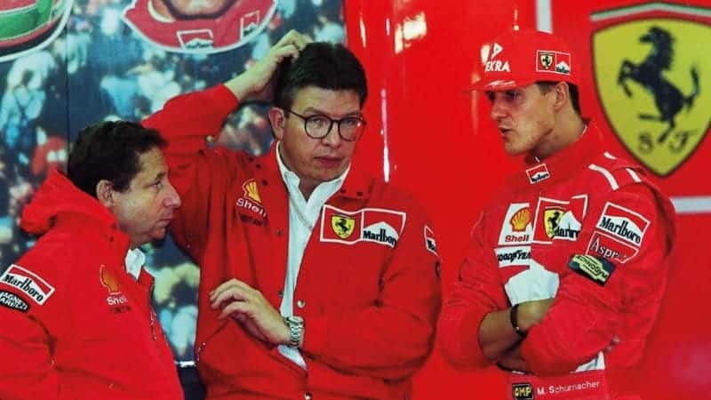 Jean Todt with Ross brawn and Michael Schumacher in the Ferrari pit