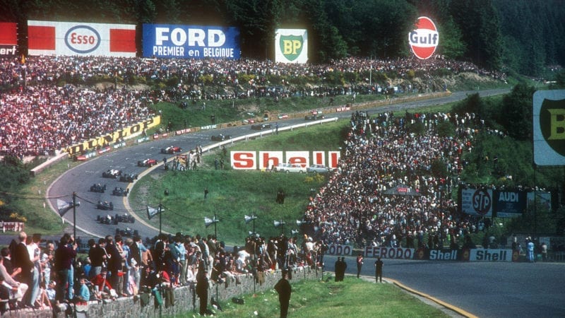 Jim Clark leads Jackie Stewart through Eau Rouge at the start of the 1967 Belgian Grand Prix