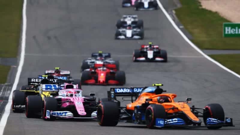 Lando Norris leads Sergio Perez and Daniel ricciardo during the 2020 F1 Eifel Grand Prix