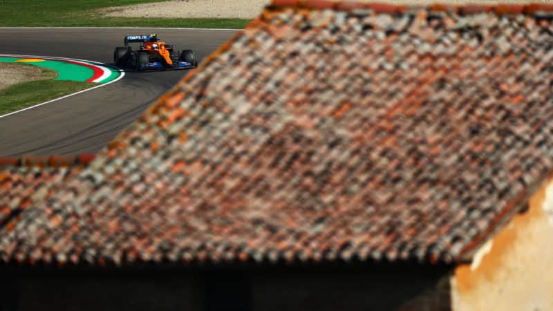 Lando Norris seem from over the rooftops next to the imola circuit during qualifying for the 2020 F1 Emilia Romagna Grand Prix