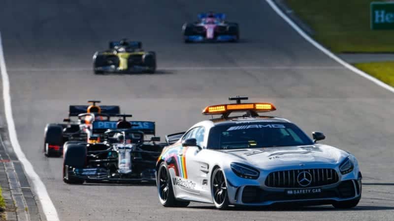Lewis Hamilton and Max Verstappen drive behind the safety car at the Nurburgring during the 2020 F1 Eifel Grand Prix