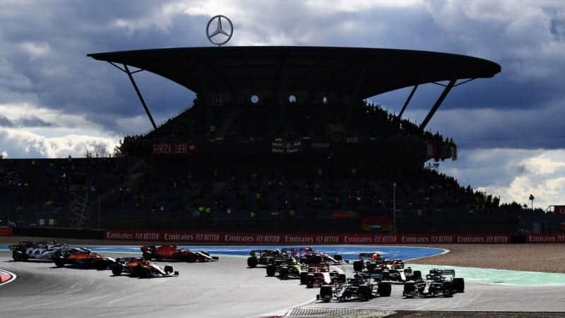 Lewis Hamilton and Valtteri Bottas battle for the lead of the 2020 F1 Eifel Grand Prix at the Nurbirgring