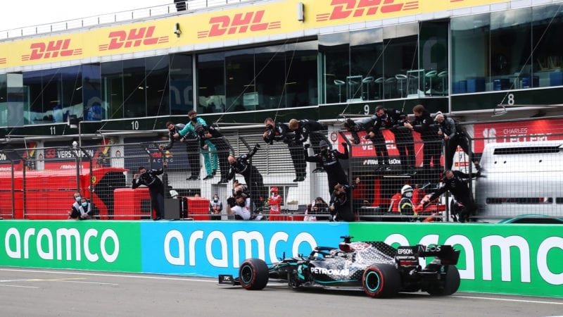 Lewis Hamilton crosses the finish line to win the 2020 F1 Eifel Grand Prix at the Nurburgring