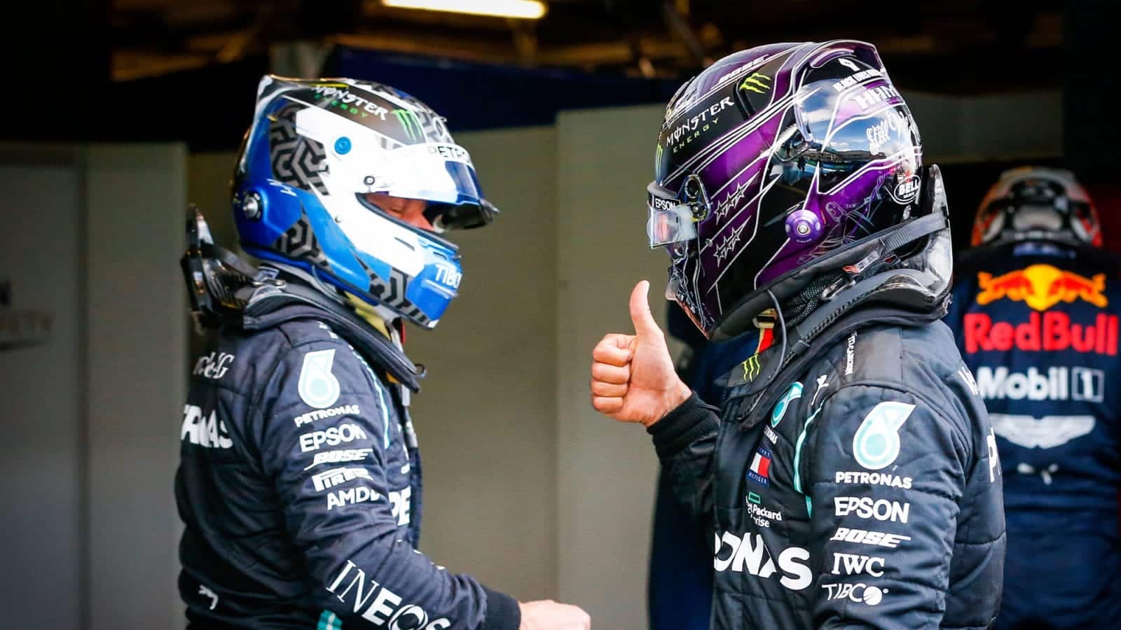 Lewis Hamilton gives the thumbs up to a defeated Vatteri Bottas after the 2020 F1 Eifel Grand Prix at the Nurburgring