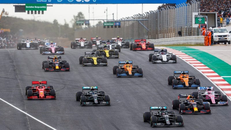 Lewis Hamilton leads at the start of the 2020 Portuguese Grand prix at Portimao