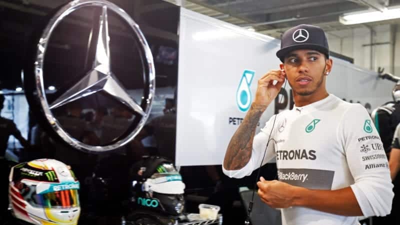Lewis Hamilton on the Mercedes garage during the 2014 season