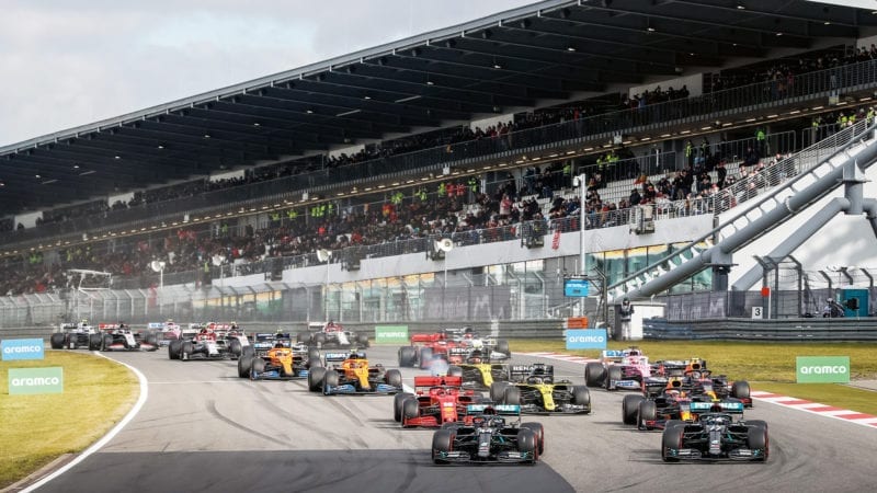 Mercedes cars lead at the start of the 2020 F1 Eifel Grand prix at the Nurburgring