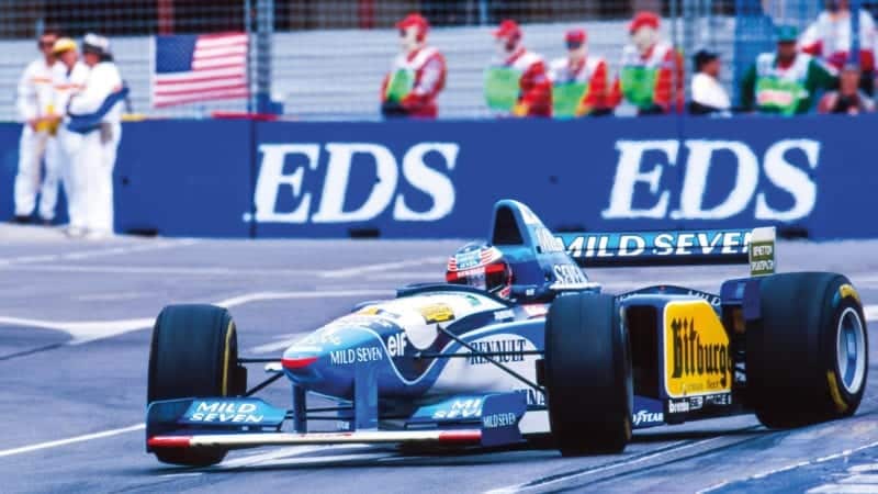 Michael Schumacher's Benetton sideways in 1996