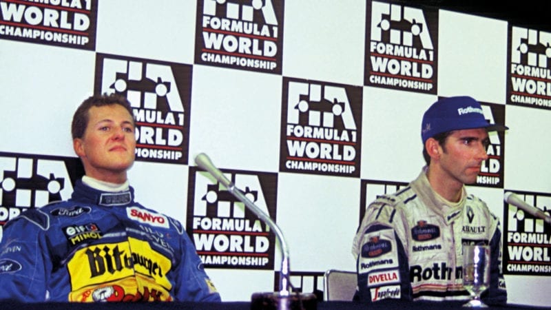 Michael Schumacher and Damon Hill at the press conference after the 1994 Australian Grand Prix in Adelaide