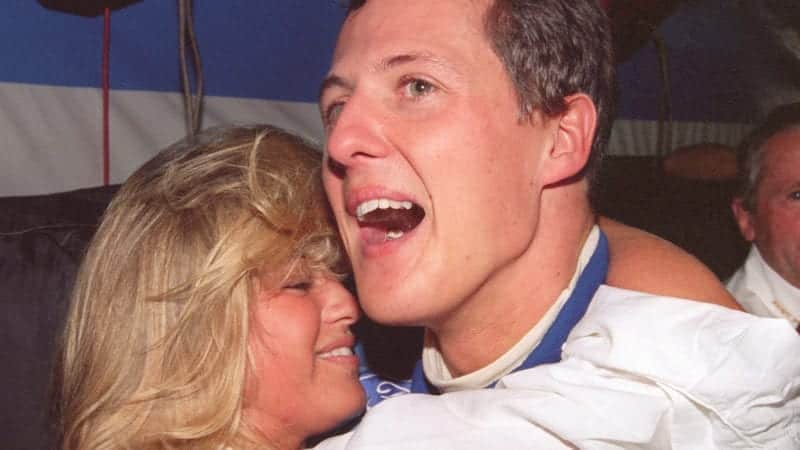 Michael Schumacher celebrates winning his first Formula 1 championship with Corinna at the 1994 Australian Grand Prix in Adelaide
