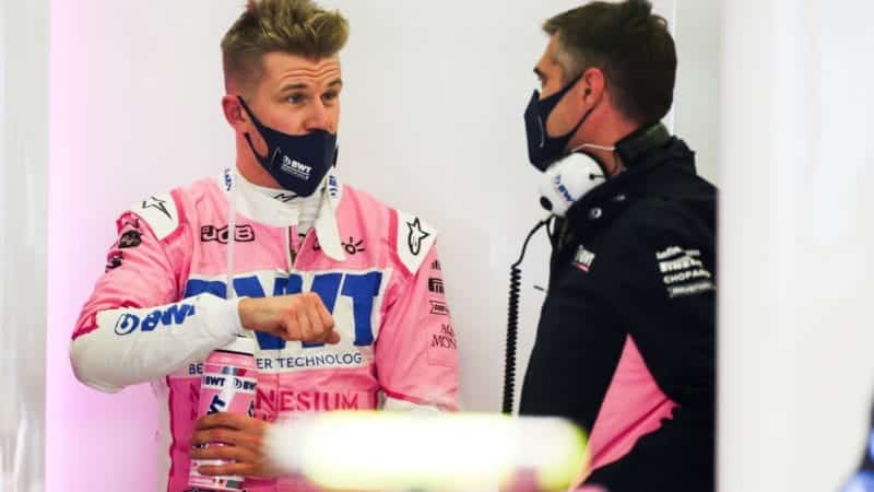 Nico Hulkenberg in the Racing Point garage after qualifying at the Nurburgring for the 2020 F1 Eifel Grand Prix