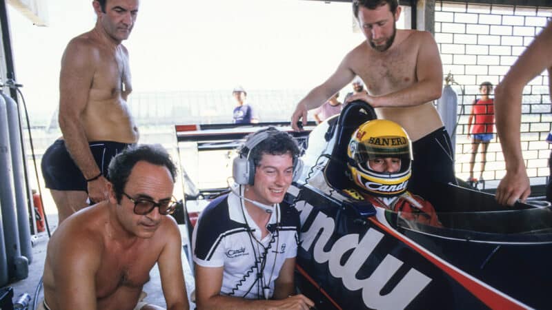 Pat Symonds next to Ayrton Senna in the cockpit of Toleman TG183 at 1984 F1 Brazilian Grand Prix