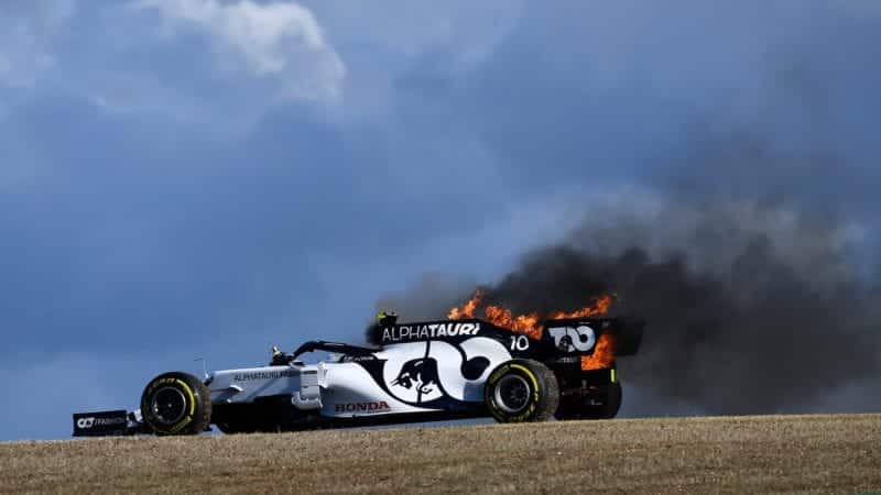 Pierre Gasly's AlphaTauri car on fire during practice at Portimao ahead of the 2020 F1 Portuguese Grand Prix