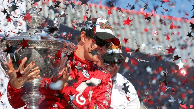 Scott Dixon celebrates victory in the race and championship at the 2015 Grand Prix of Sonoma