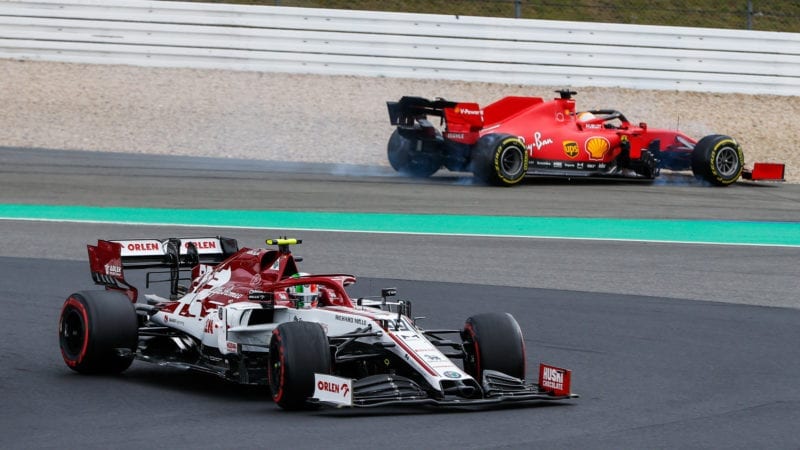 Sebastian Vettel spins off behind Antonio Giovinazzi at the Nurburgring during the 2020 F1 Eifel Grand Prix