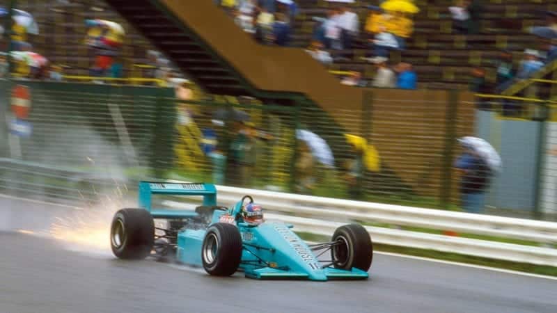 Sparks fly from Ivan Capelli's March 871 at the 1987 Austrian Grand prix