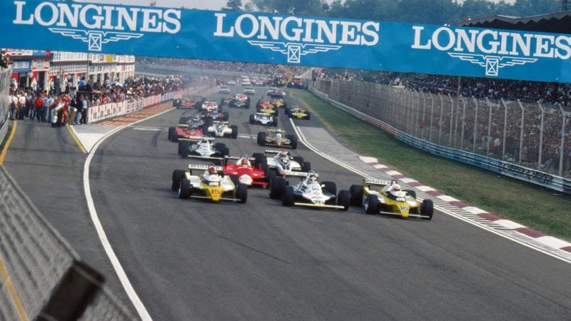 The start of the 1980 Italian Grand Prix at Imola led by the Renaults of Jean-Pierre Jabouille and Rene Arnoux as well as Carlos Reutemann's Williams