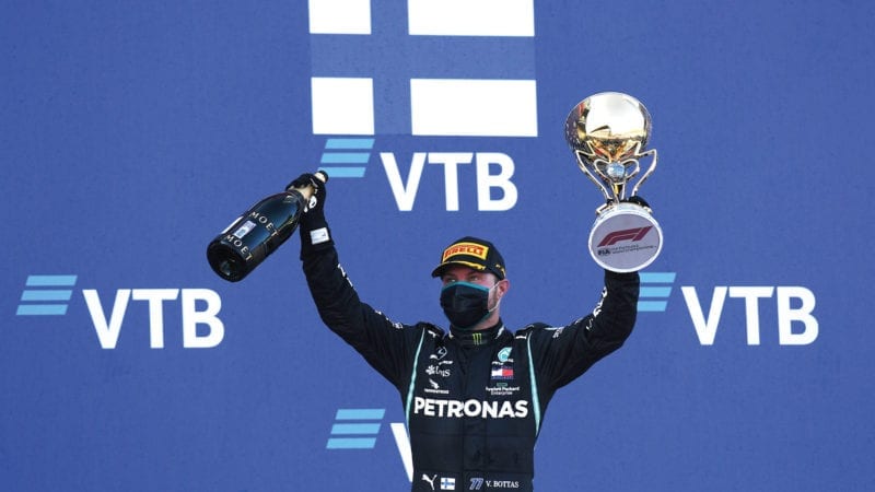 Valtteri Bottas celebrates victory for Mercedes at the Nurburgring in the 2020 F1 Eifel Grand prix