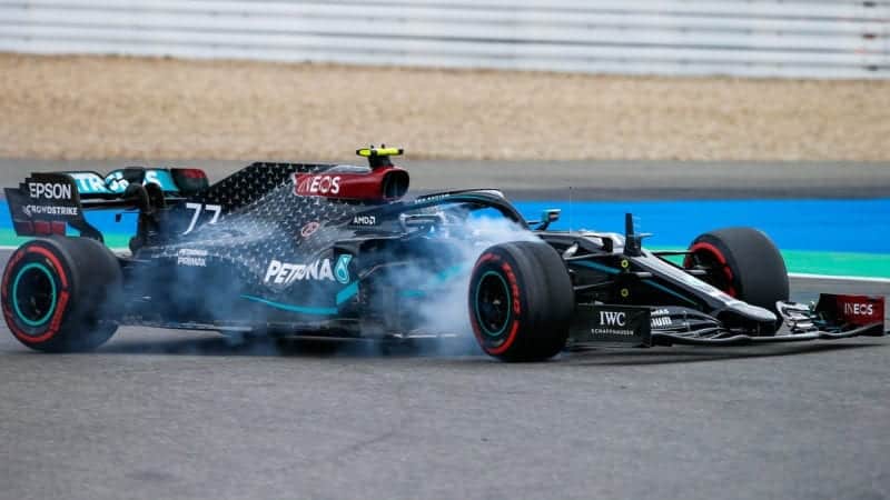 Valtteri Bottas locks up at the Nurbirgring during the 2020 f1 Eifel Grand Prix