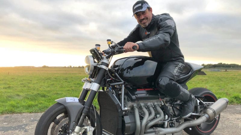 Zef Eisenberg on his Eisenberg V8 motorbike