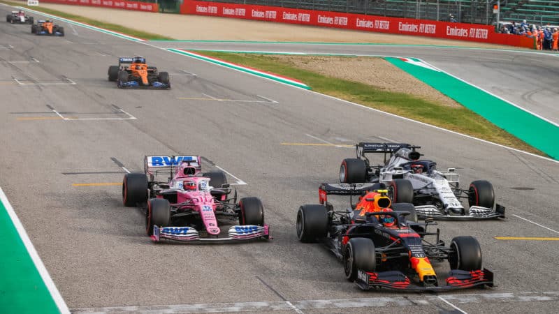 Alex Albon is chased by Sergio Perez and Daniil Kvyat at the restart of the 2020 F1 Emilia romagna Grand Prix at Imola