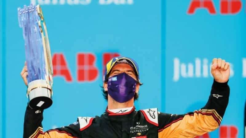 Antonio Felix Da Costa celebrates on the Formula E podium