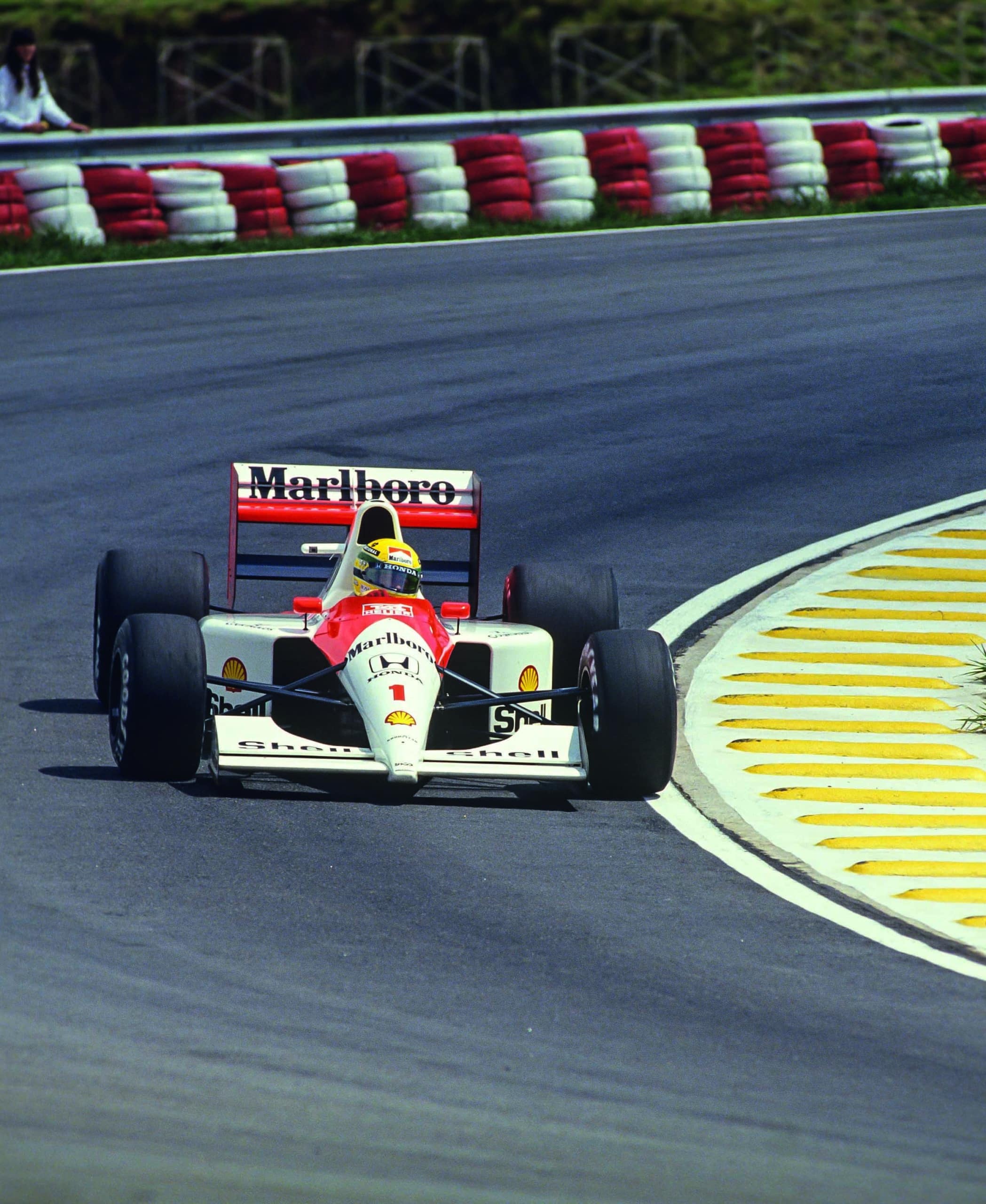 Ayrton Senna in his McLaren at Interlagos, driving to victory in the 1991 Brazilian Grand Prix