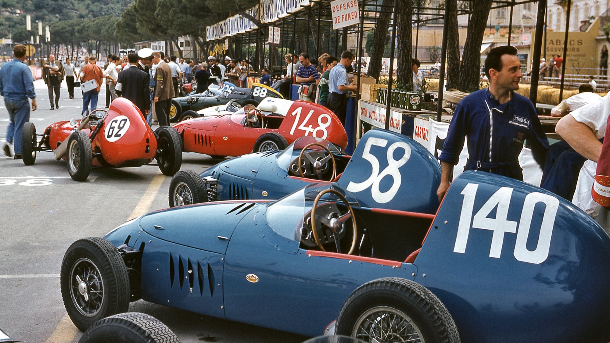 Cars line up for the 1960 Formula Junior Monaco Grand Prix support race