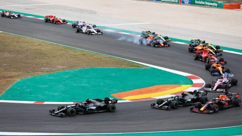 Cars slip on the cold tarmac at the 2020 F1 Portuguese Grand Prix at Portimao