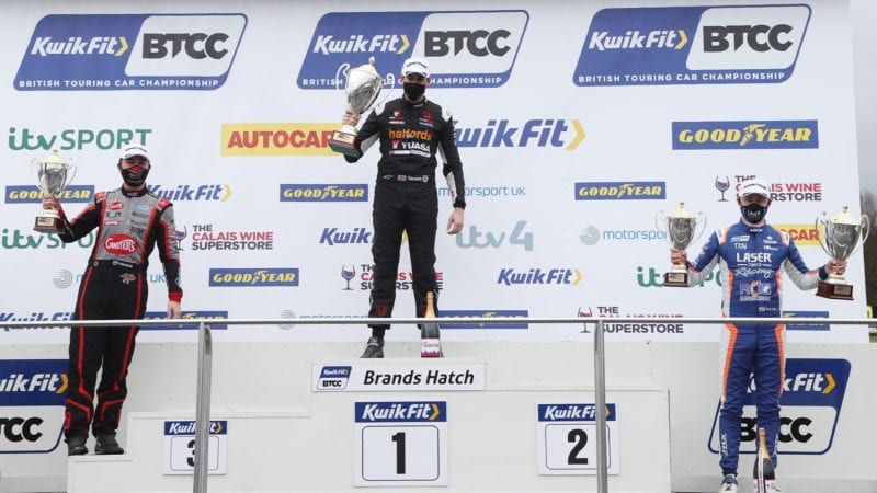 Dan Cammish, Tom Ingram and Ash Sutton on the podium at the 2020 BTCC Brands Hatch Indy Round