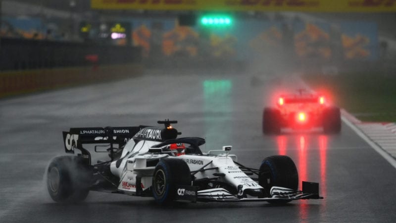 Daniil Kvyat spins his AlphaTauri during qualifying for the 2020 F1 Turkish Grand Prix at Istanbul Park
