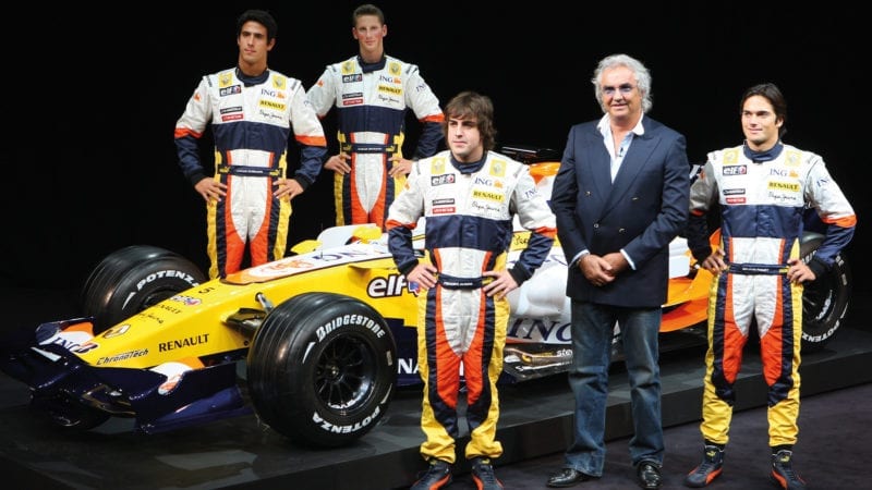 Fernando Alonso and Nelson Piquet Jnr with Flavio Briatore at the 2008 Renault F1 car launch Romain Grosjean and Lucas Di Grassi in the background