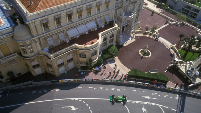 Andrea de Cesaris (Jordan-Ford) seen from above with the Casino in the background durng the 1991 Monaco Grand Prix. Photo: Grand Prix Photo / Dominique Leroy