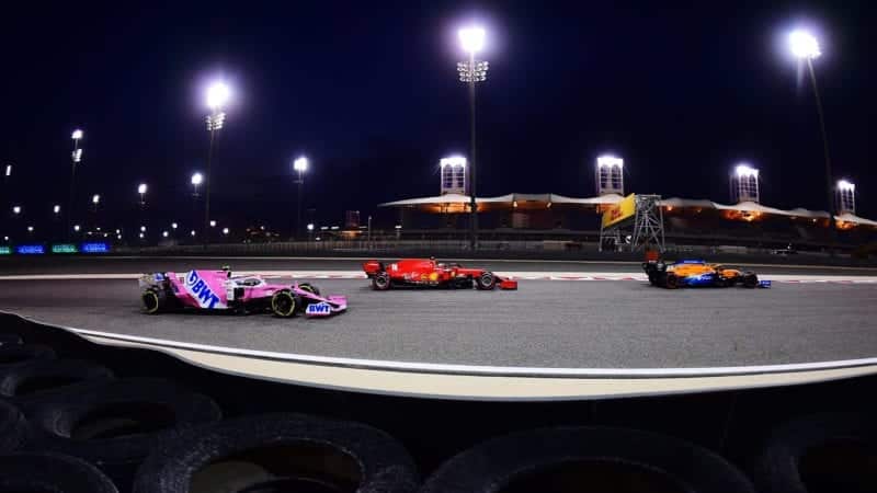 Lance Stroll's Racing Point Charles leclerc's Ferrari and Carlos Sainz's McLaren on track during qualifying for the 2020 F1 Bahrain grand Prix