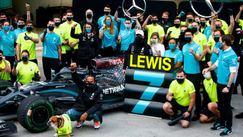 Lewis Hamilton celebrates his seventh F1 World Championship with the Mercedes team after the 2020 Turkish Grand Prix