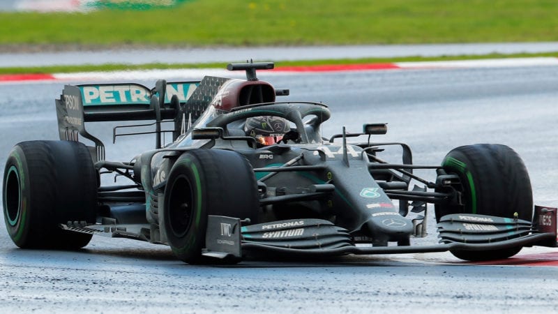 Lewis Hamilton drives to victory i. the 2020 F1 Turkish Grand Prix with worn tyres