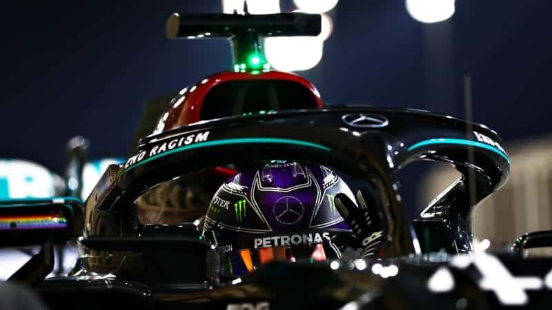 Lewis Hamilton gives the ok sign after qualifying on pole for the 2020 F1 Bahrain Grand Prix