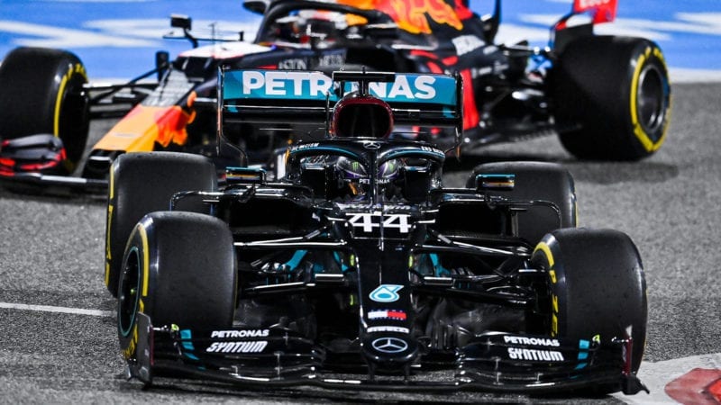 Lewis Hamilton leads Max Verstappen in the 2020 F1 Bahrain Grand Prix