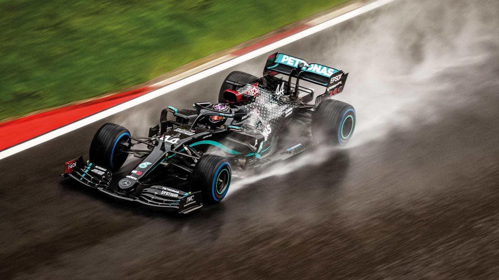 Lewis Hamilton powers through the rain at a wet Istanbul Park ahead of the 2020 Turkish Grand Prix
