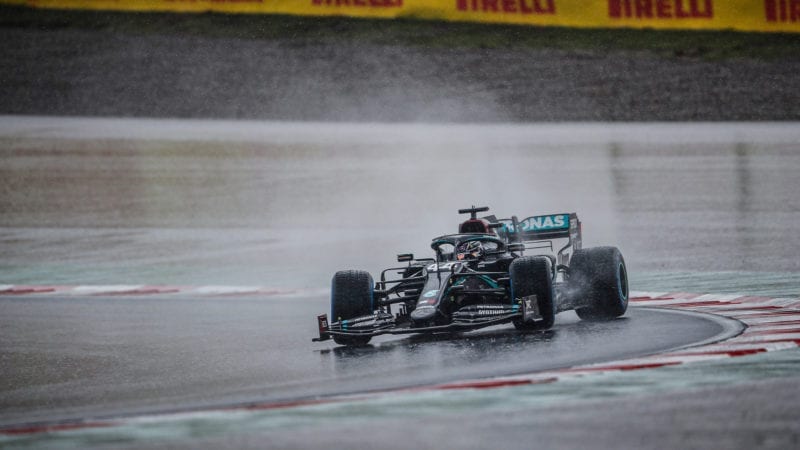Lewis Hamilton slides his Mercedes round the Istanbul Park circuit during the 2020 F1 Turkish Grand Prix weekend