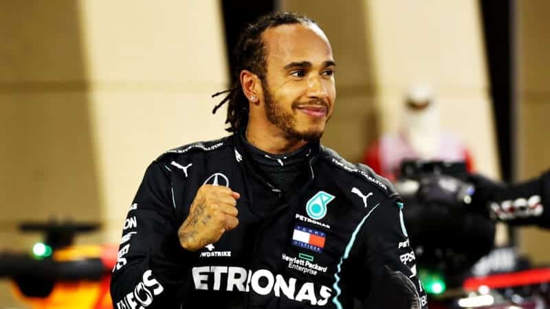 Lewis Hamilton smiles after winning the 2020 F1 Bahrain Grand Prix